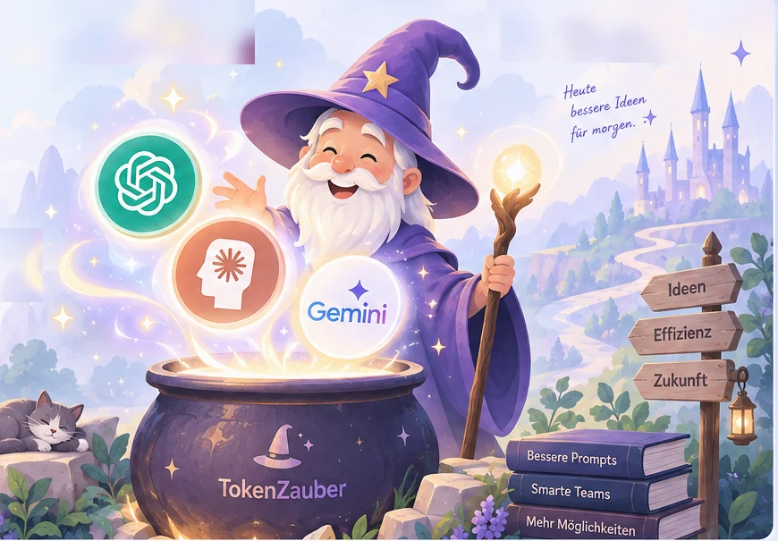 Verspielte TokenZauber Illustration mit Magier, KI-Modellen und einem leuchtenden Zauberkessel